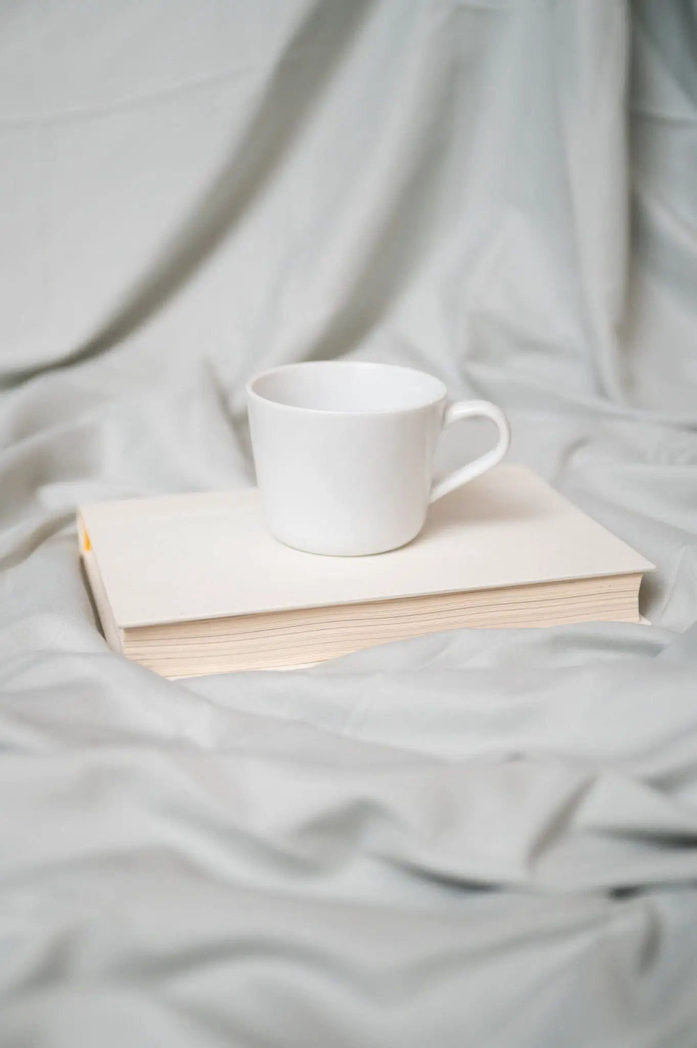 White ceramic mug on a stack of books resting on soft gray fabric backdrop on Tampa Home & Garden Store