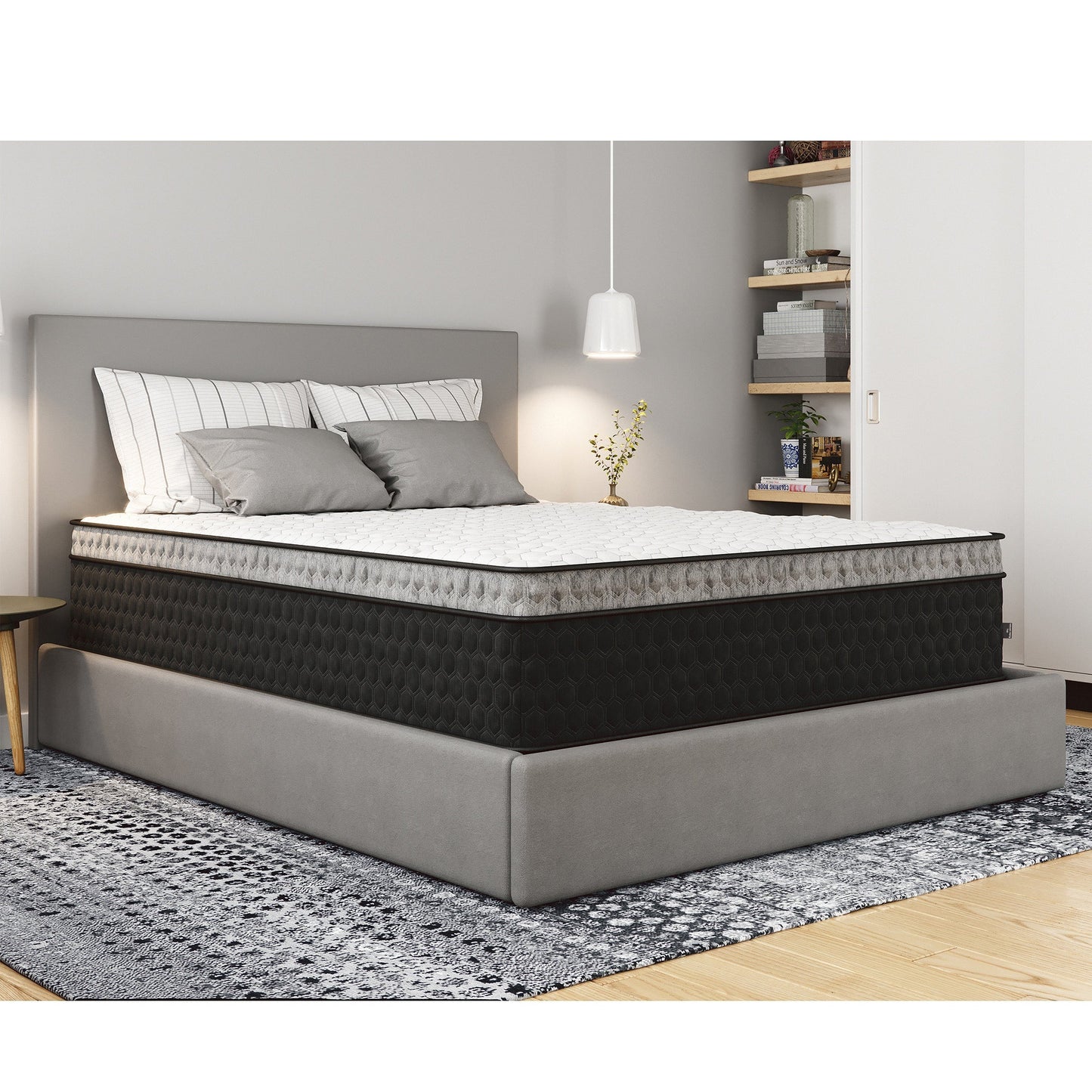 Diamond Mattress Nova Lux Copper King Mattress on a gray upholstered bed with hex pattern panels on Tampa Home & Garden Store