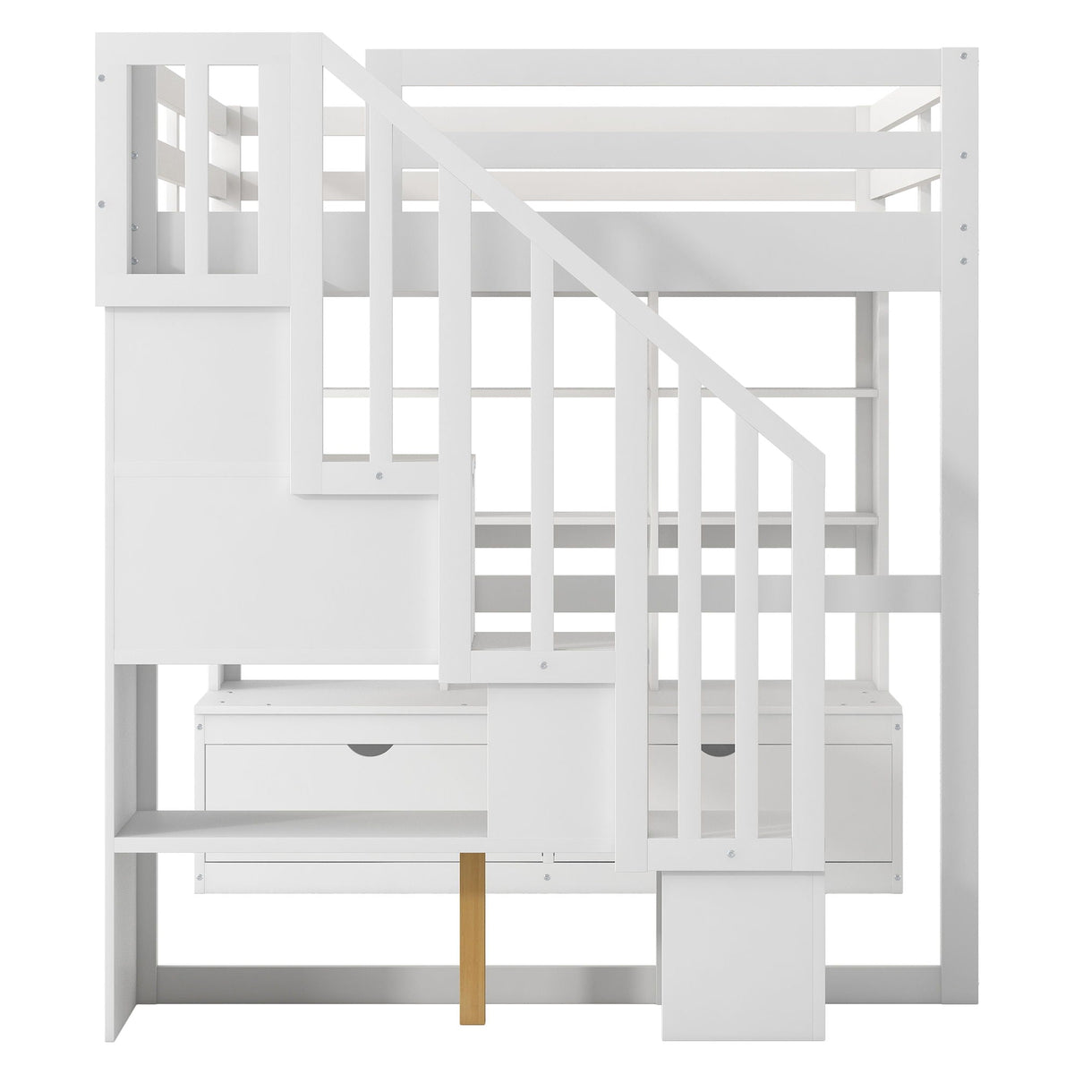 Full-size white loft bed with desk, shelves, and storage staircase by HouseOfZazla on Tampa Home & Garden Store