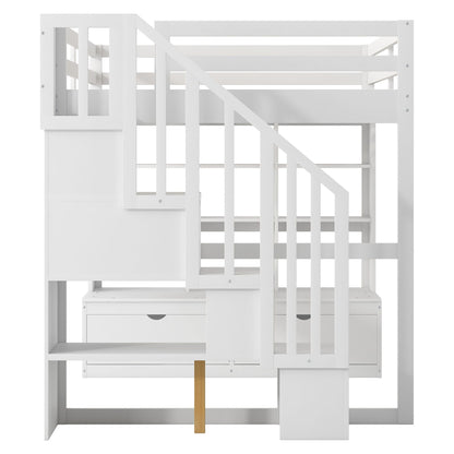 Full-size white loft bed with desk, shelves, and storage staircase by HouseOfZazla on Tampa Home & Garden Store
