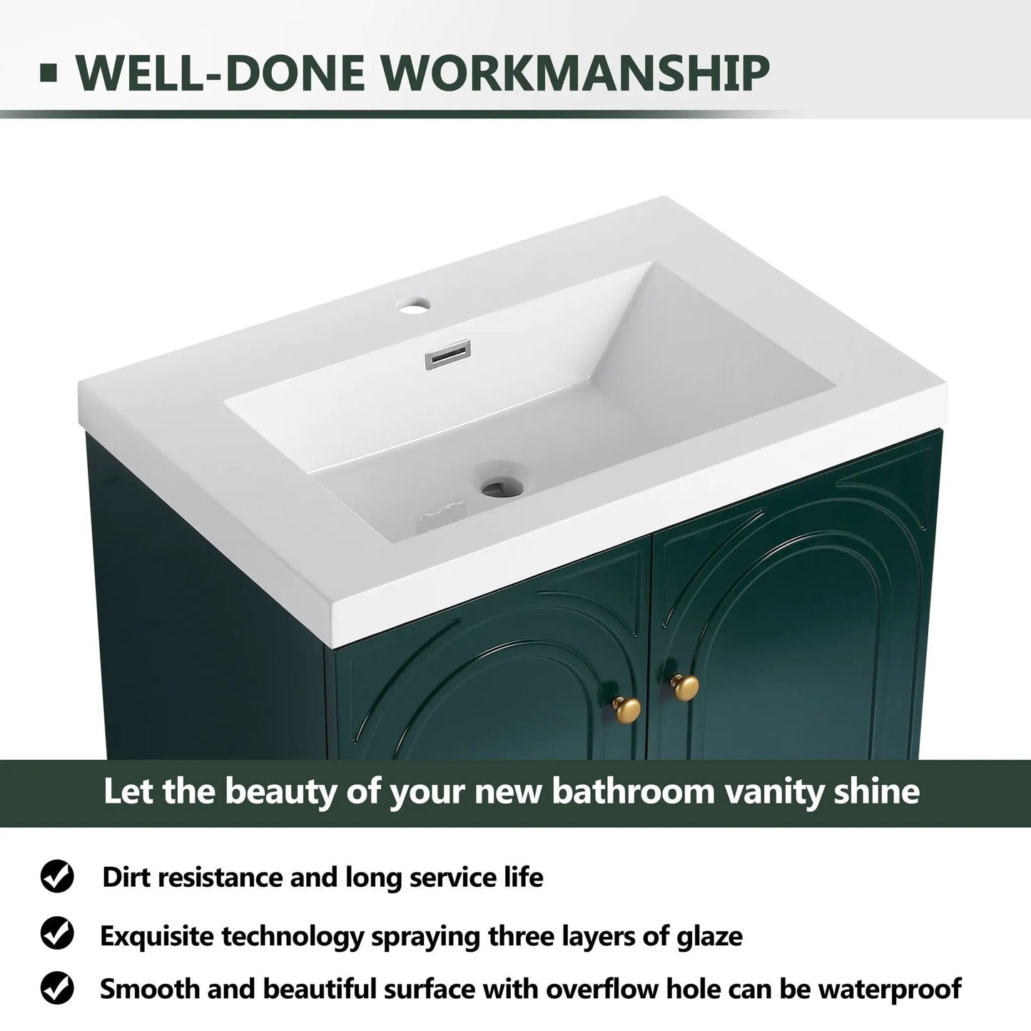 Contemporary freestanding vanity with white resin sink and dark green cabinet doors on Tampa Home & Garden Store