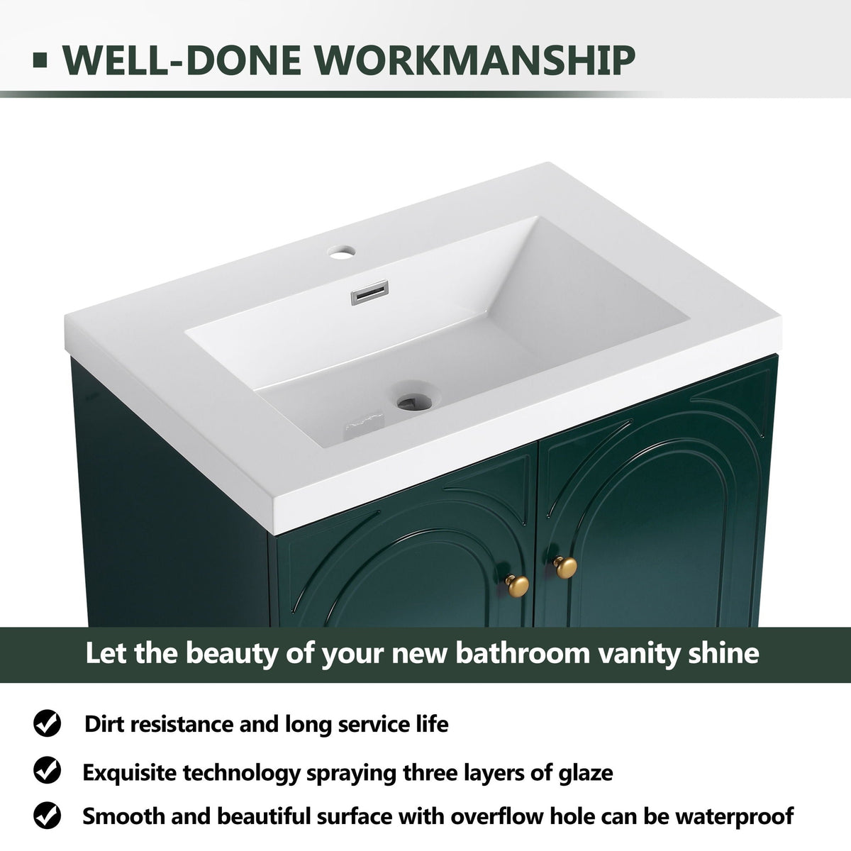 Freestanding Bath Vanity With Resin Sink And Door, dark-green body, white top HouseOfZazla on Tampa Home & Garden Store