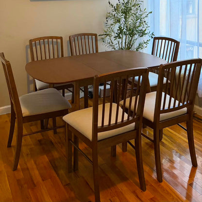 ACTU Extendable Dining Table Set in warm brown wood with slatted chairs and cushions seats 4–6 on Tampa Home & Garden Store