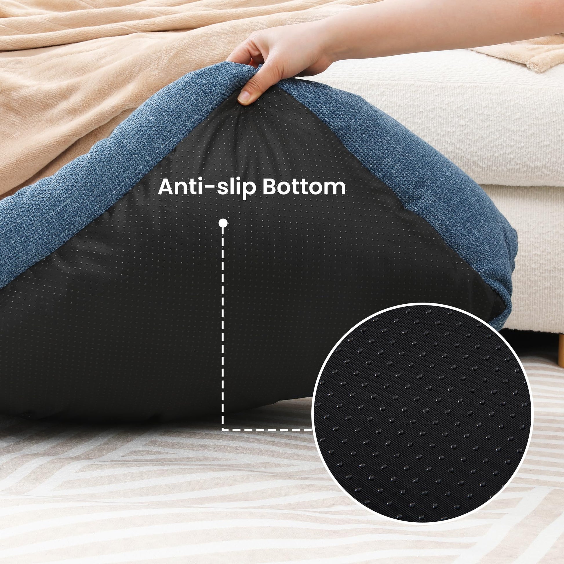 Small dog bed blue exterior with non-slip black bottom and washable cover on Tampa Home & Garden Store