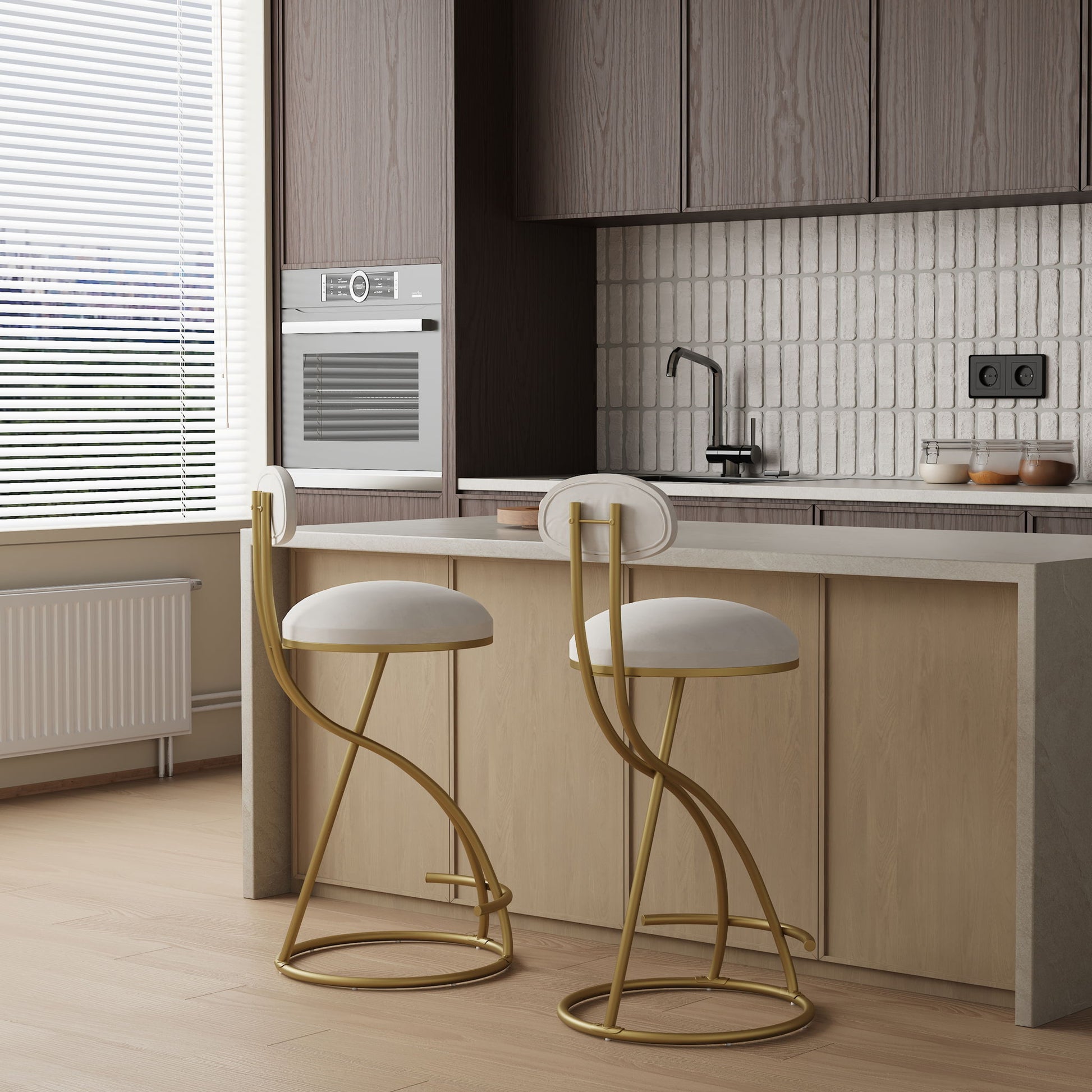 Counter-height upholstered bar stools in cream fabric with gold metal frame, set of 2 on Tampa Home & Garden Store