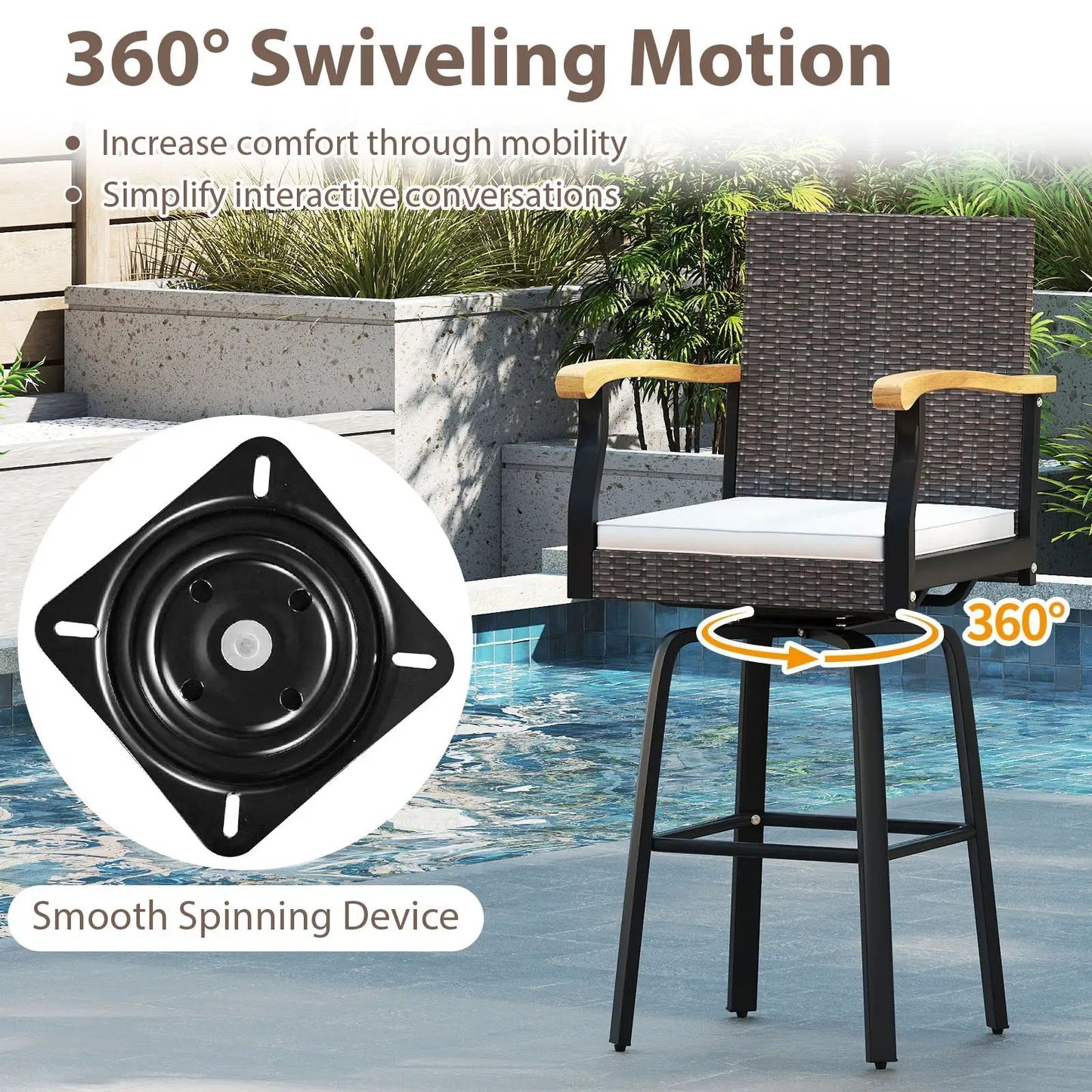 Set of 2 outdoor swivel bar stools with acacia wood arms and white cushions DirectDeals on Tampa Home & Garden Store