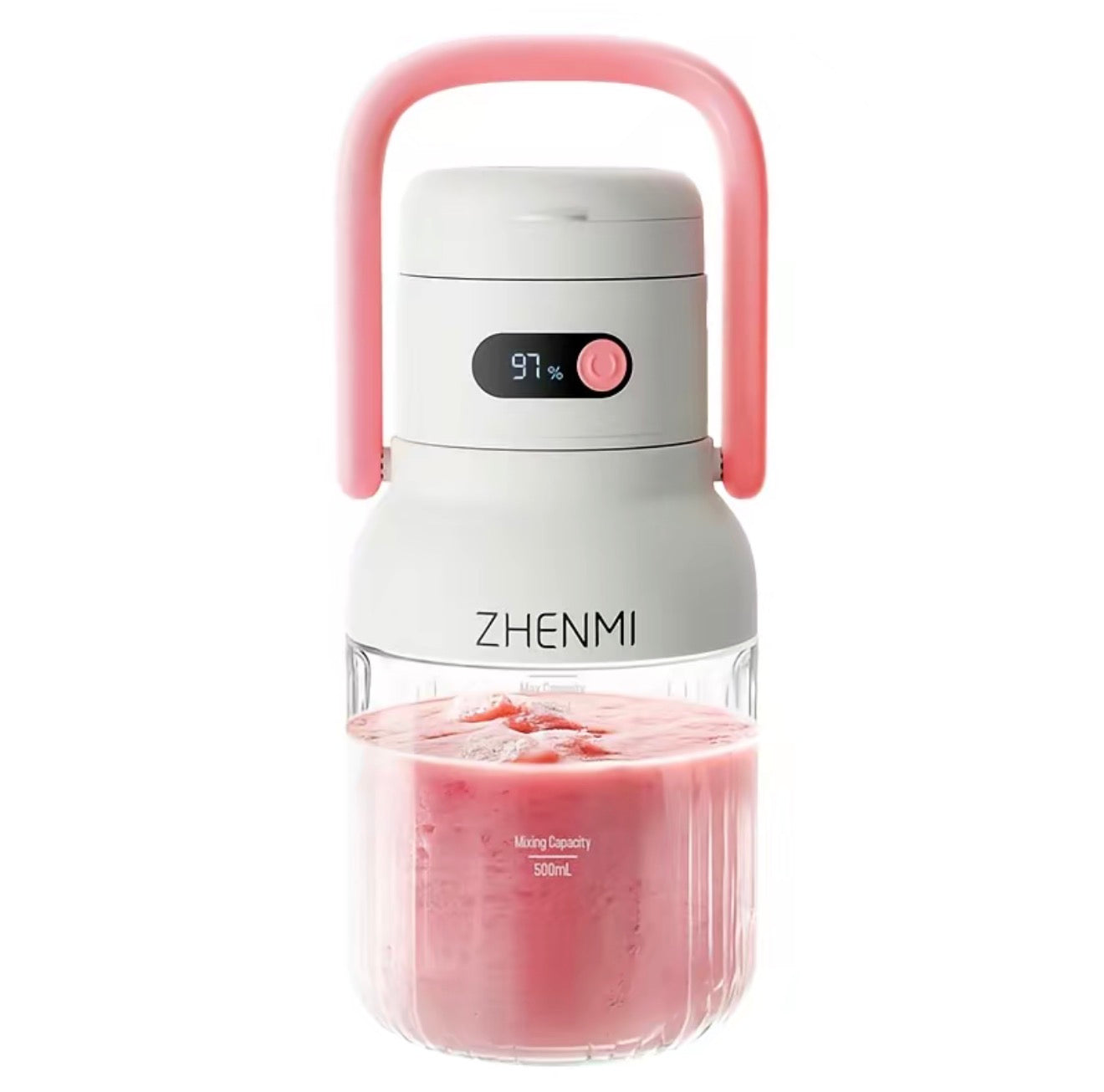 BlendGo portable blender with pink handle and gray top, 500mL jar, pink smoothie, ZHENMI branding on Tampa Home & Garden Store