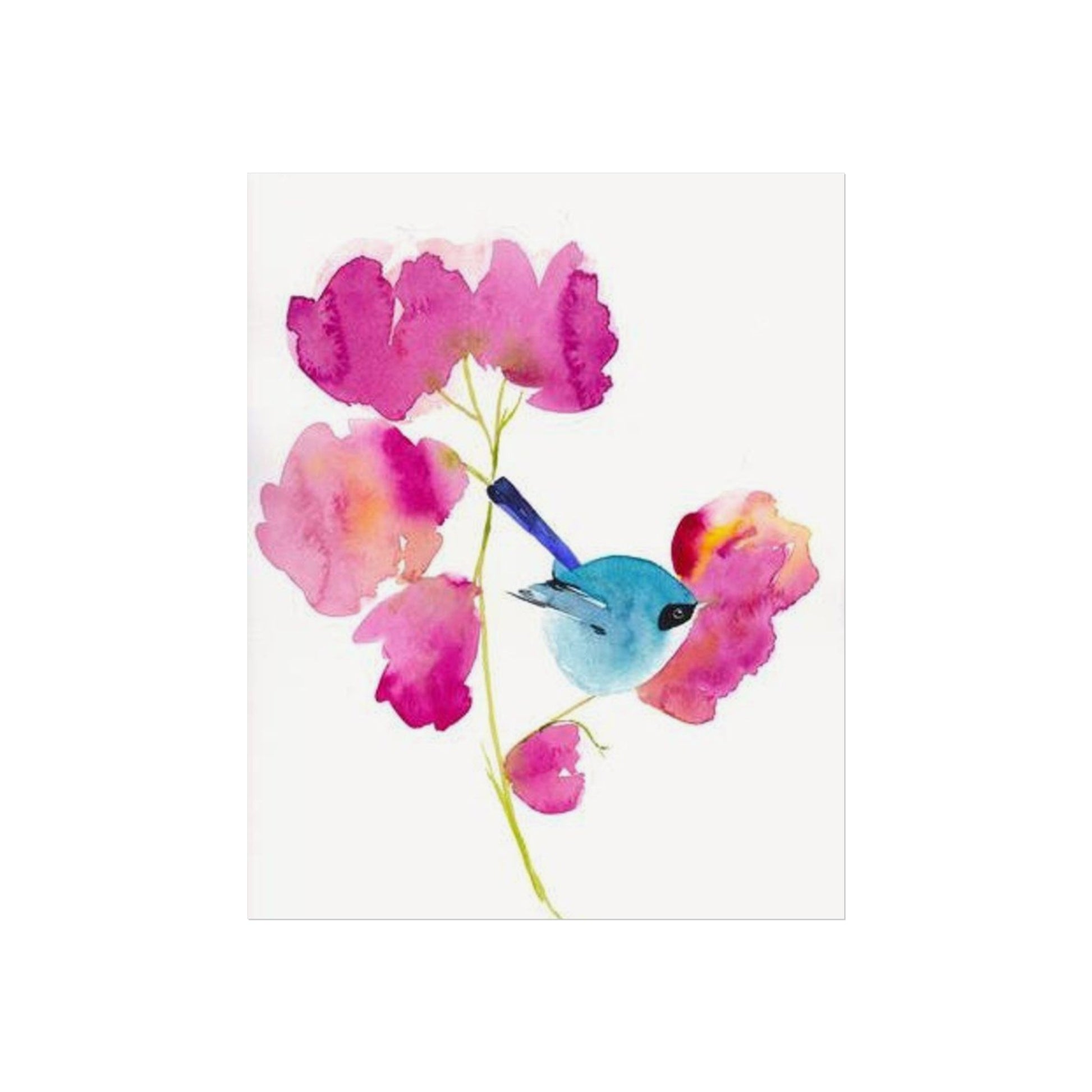 Blue Wren Watercolor Poster with pink floral blooms by Mai Autumn on Tampa Home & Garden Store