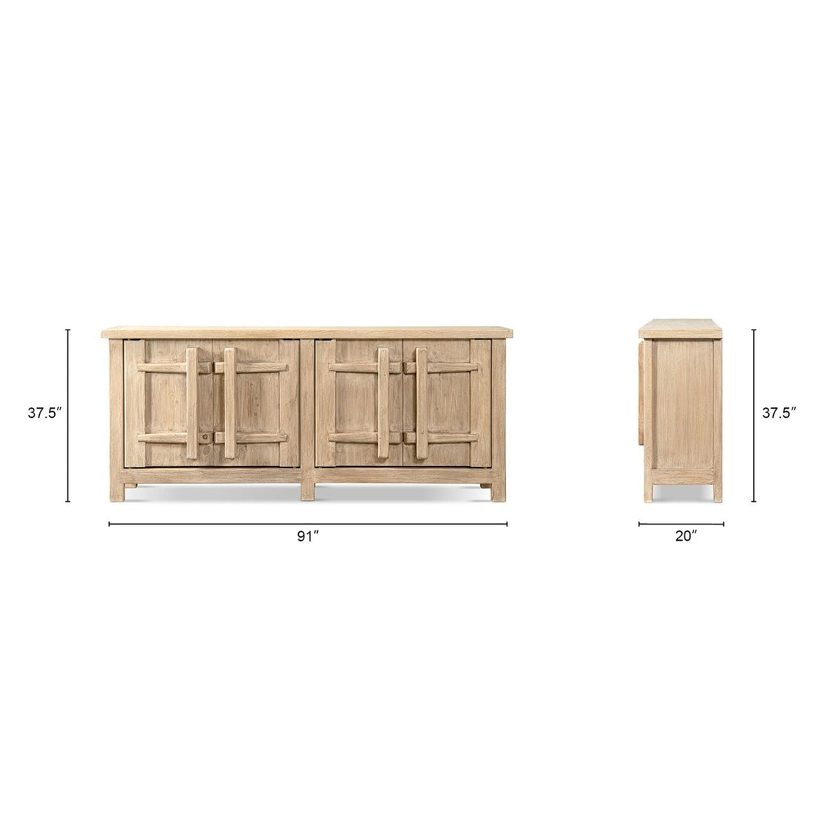 Natural wood four-door sideboard cabinet with carved handles 91in wide on Tampa Home & Garden Store