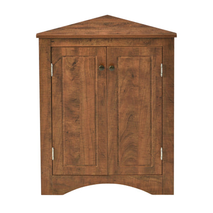 Triangle bathroom storage cabinet with adjustable shelves, warm wood finish, two doors on Tampa Home & Garden Store