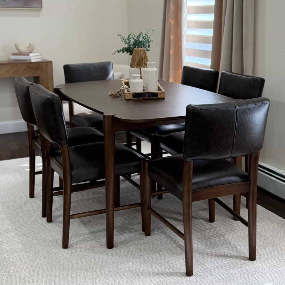 ACTU 58-inch Mid-Century Modern Dining Table Set in dark wood with black leather chairs seats 6 on Tampa Home & Garden Store
