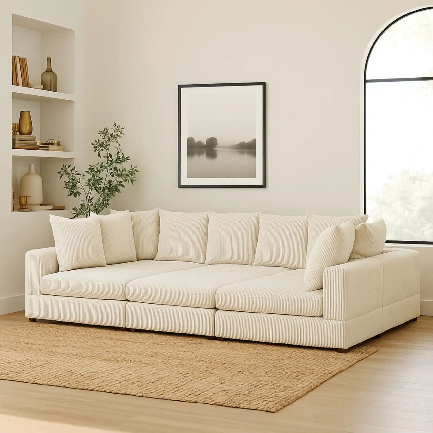 Haven - 6 Piece Modular Sectional beige ribbed fabric stationary sofa with cushions on Tampa Home & Garden Store