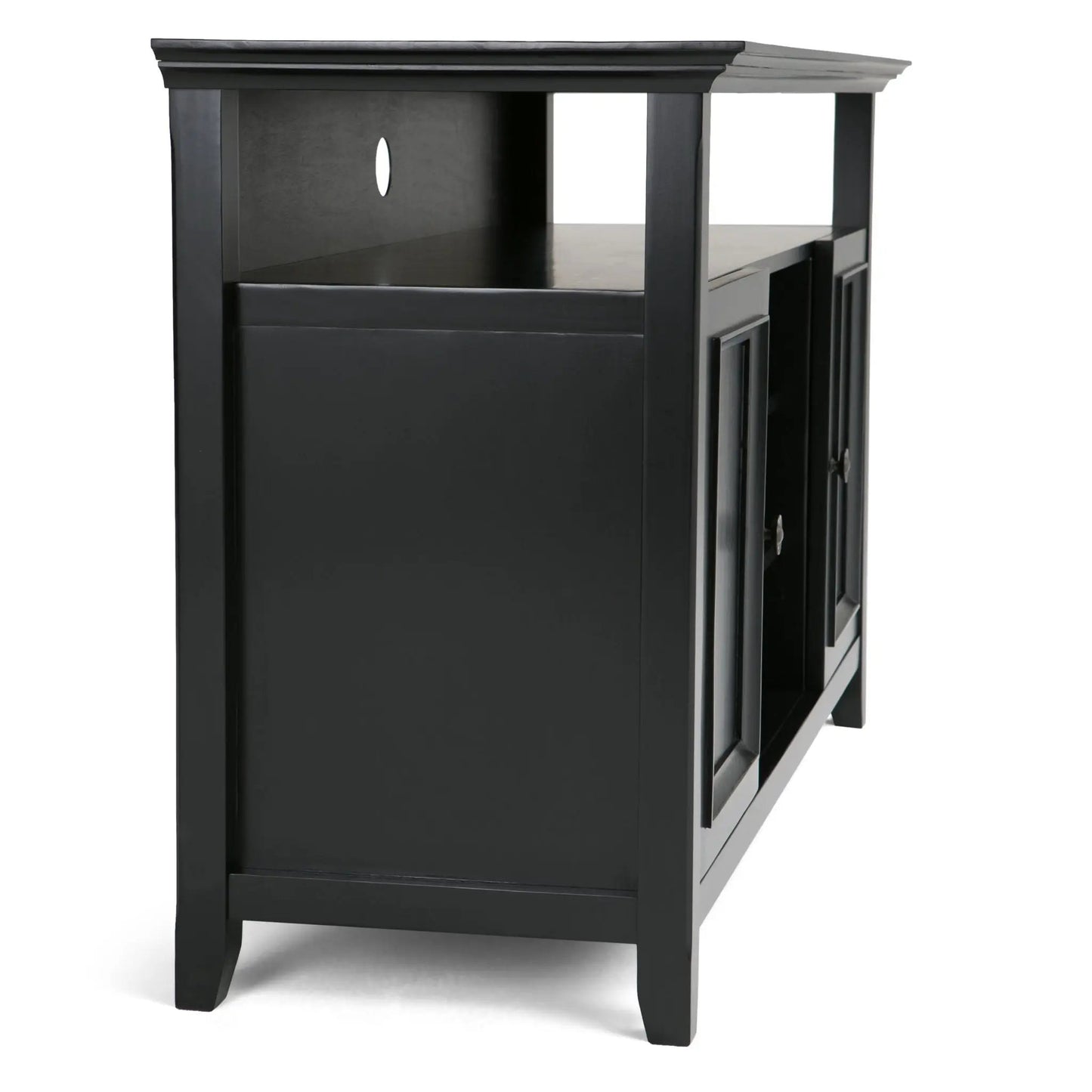 Amherst TV media stand handcrafted black wood finish with cable hole and shelf on Tampa Home & Garden Store