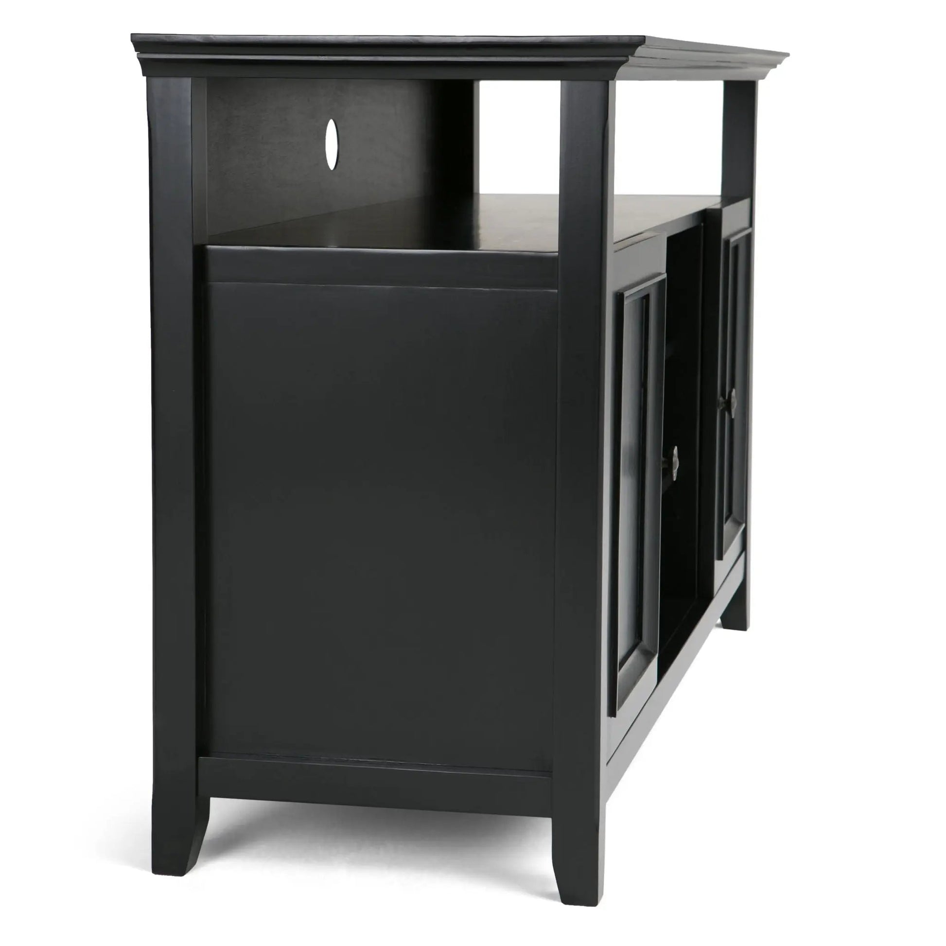 Amherst TV media stand handcrafted black wood finish with cable hole and shelf on Tampa Home & Garden Store