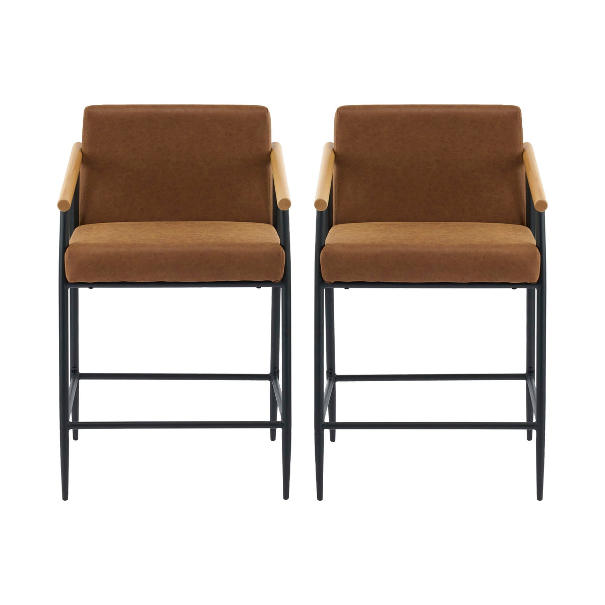 Mid Century Modern Counter Stool Set in tan leather with iron frame, 2 chairs, HouseOfZazla on Tampa Home & Garden Store