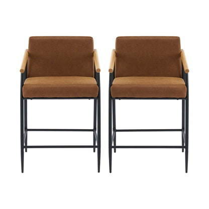 Mid Century Modern Counter Stool Set in tan leather with iron frame, 2 chairs, HouseOfZazla on Tampa Home & Garden Store