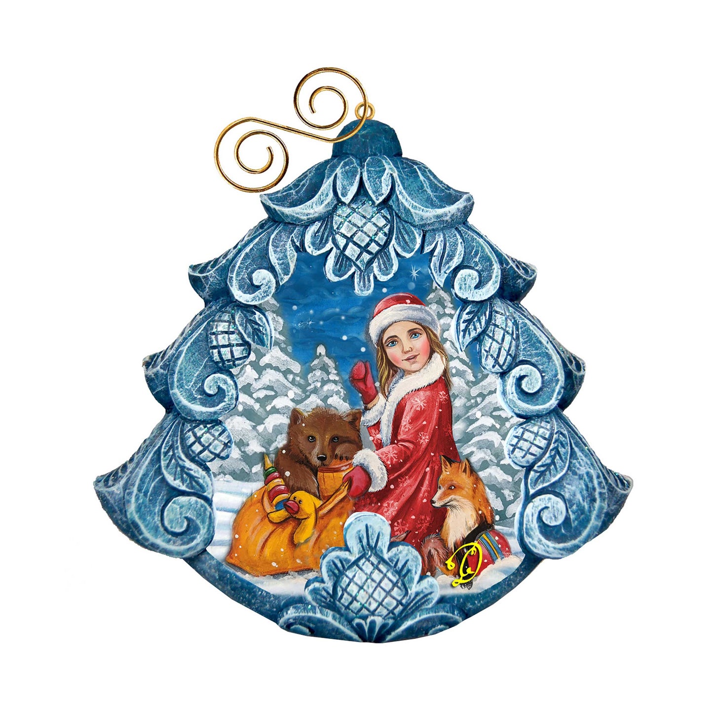Snow Maiden ornament by G. DeBrekht, hand-painted blue ice-tree design with forest animals on Tampa Home & Garden Store