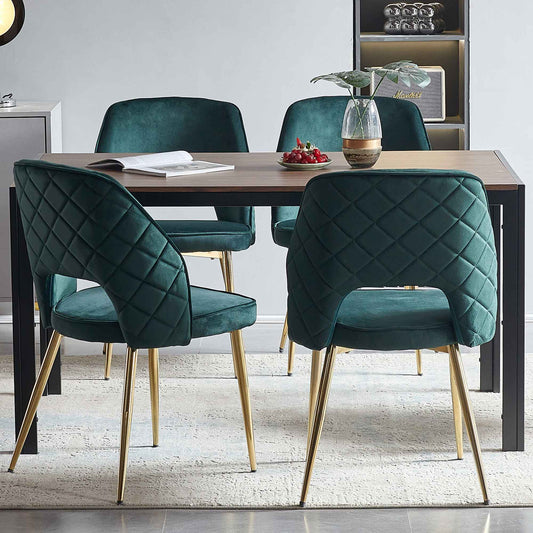 Chaises de salle à manger en velours vert foncé avec pieds en métal et dossier creux, lot de 4