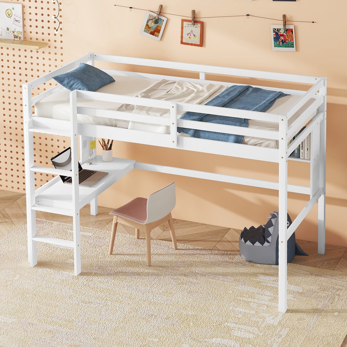 Twin Loft Bed with built-in desk and bookcase of three compartments, Guardrails and Ladder,White - Tampa Home & Garden Store