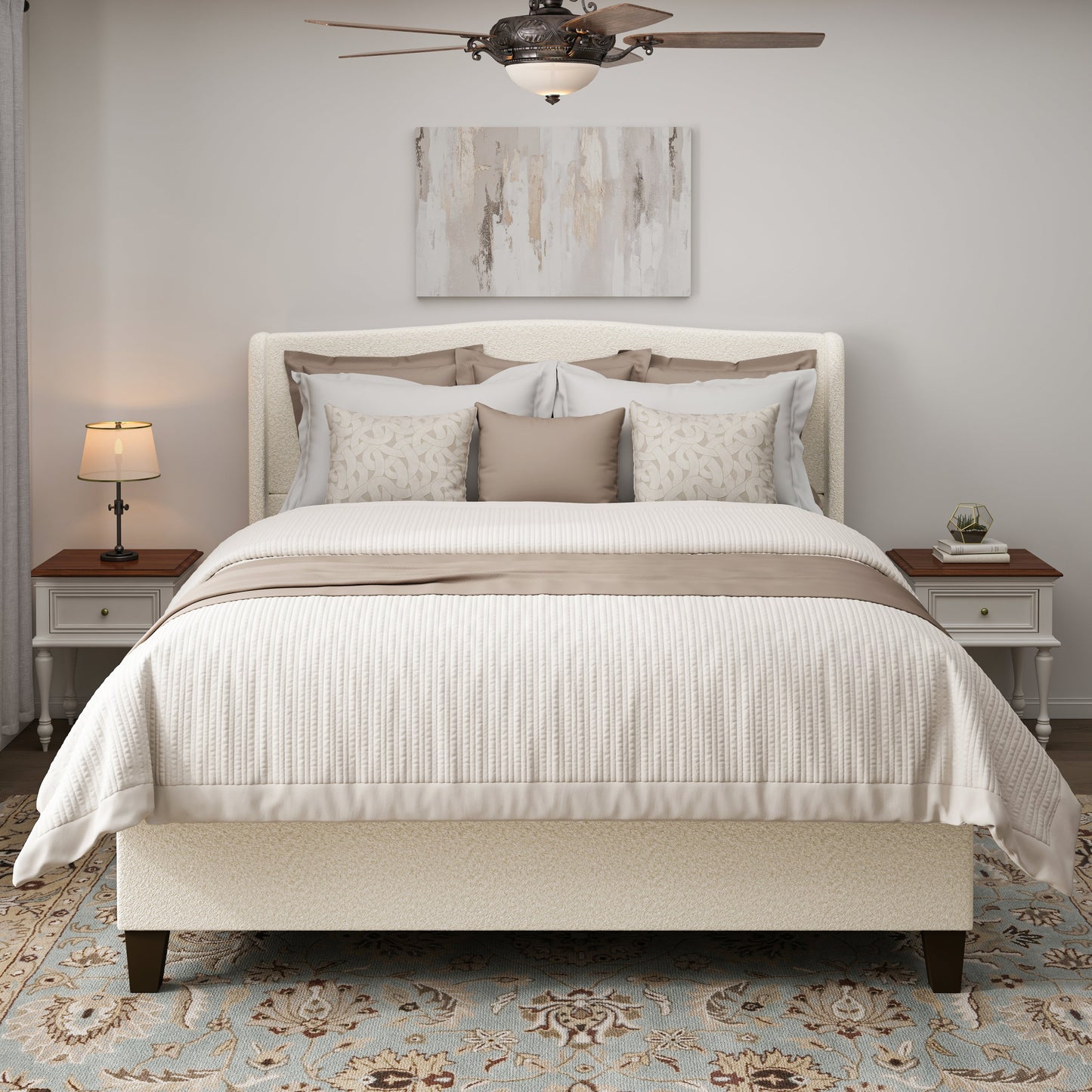 King size bed frame with cream teddy velvet headboard, neutral bedding, dark wood legs on Tampa Home & Garden Store