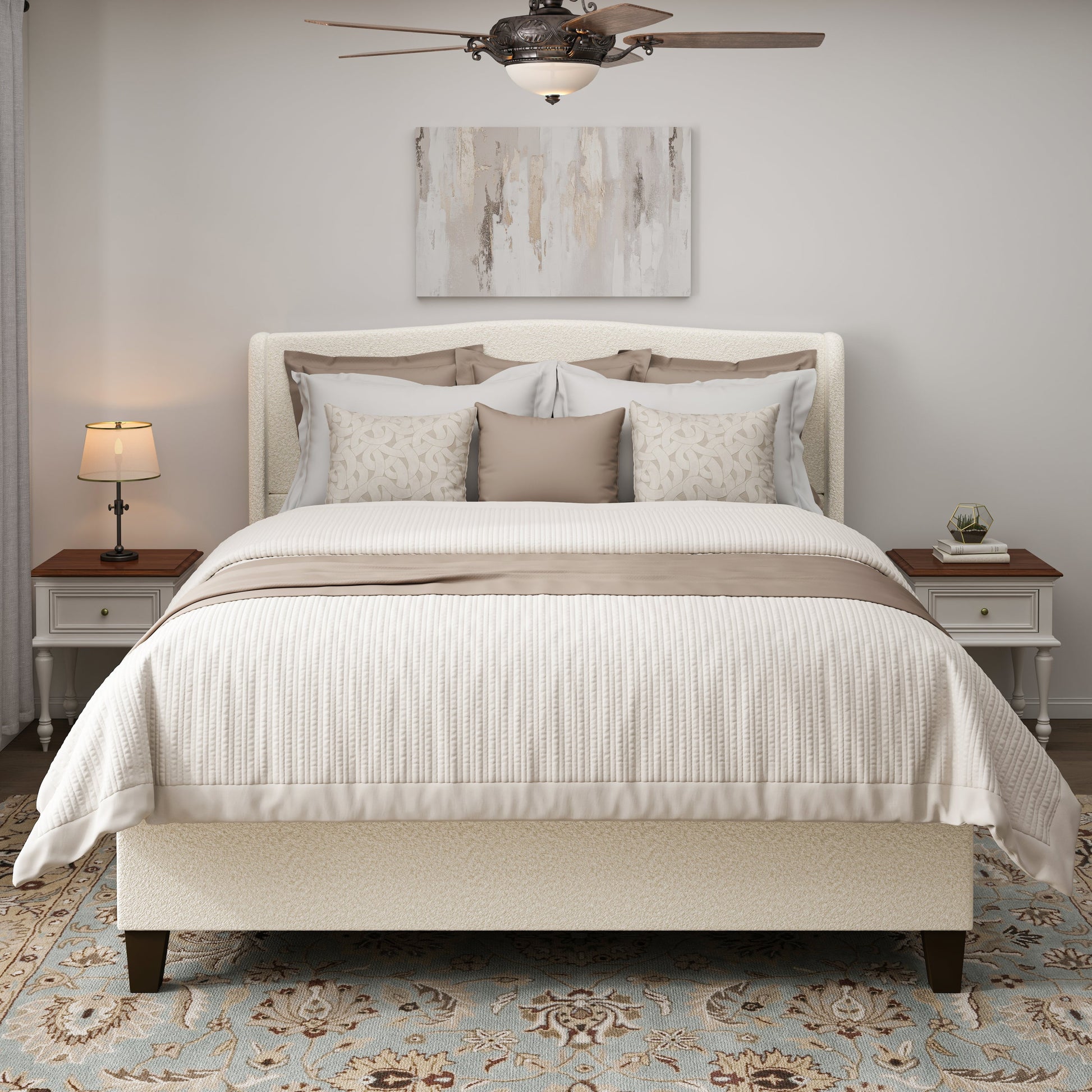 King size bed frame with cream teddy velvet headboard, neutral bedding, dark wood legs on Tampa Home & Garden Store