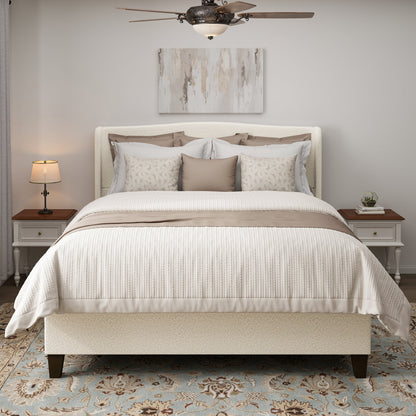 King size bed frame with cream teddy velvet headboard, neutral bedding, dark wood legs on Tampa Home & Garden Store
