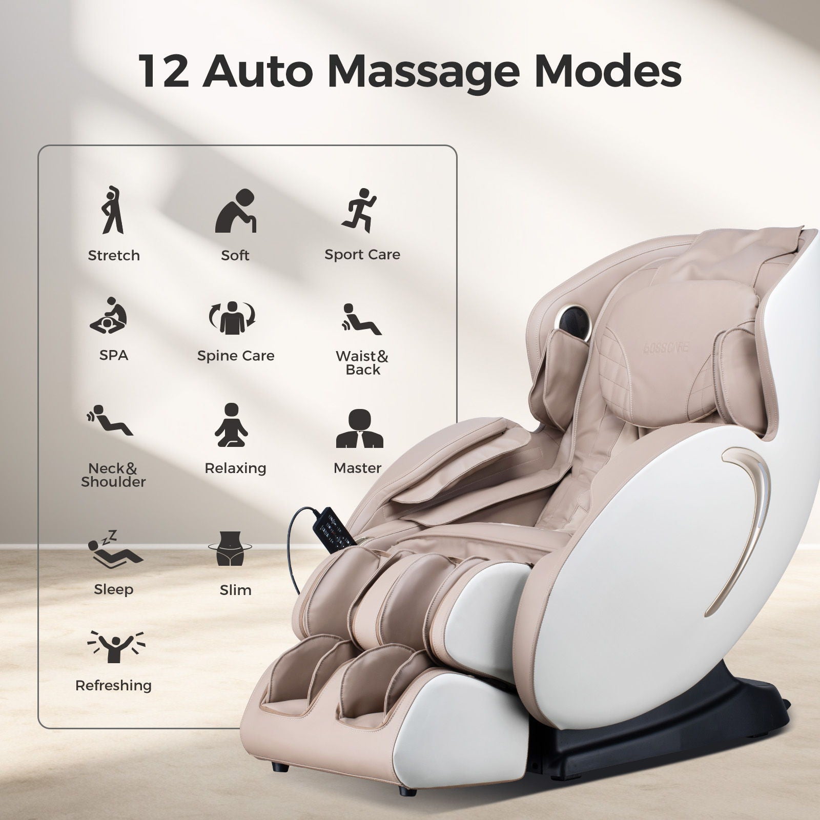 Bosscare 3D Zero Gravity Shiatsu massage chair, beige leather full-body recliner with app on Tampa Home & Garden Store