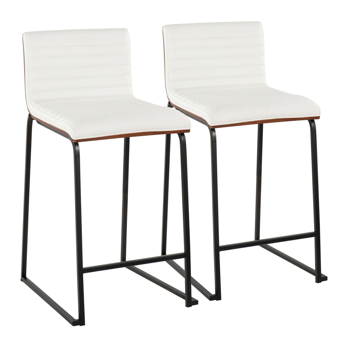 Set of 2 tufted counter stools with white upholstery, wood trim, black metal legs on Tampa Home & Garden Store