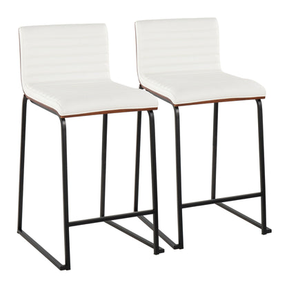 Set of 2 tufted counter stools with white upholstery, wood trim, black metal legs on Tampa Home & Garden Store
