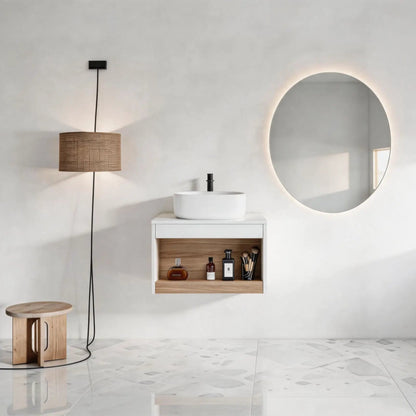 Floating vanity with glossy white round vessel sink and white cabinet with wood drawer on Tampa Home & Garden Store