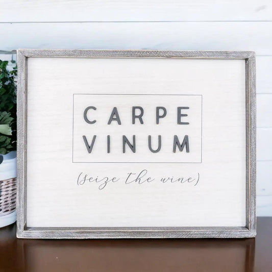 Wall art Carpe Vinum by Gia Roma, whitewashed wooden frame, wine decor on Tampa Home & Garden Store
