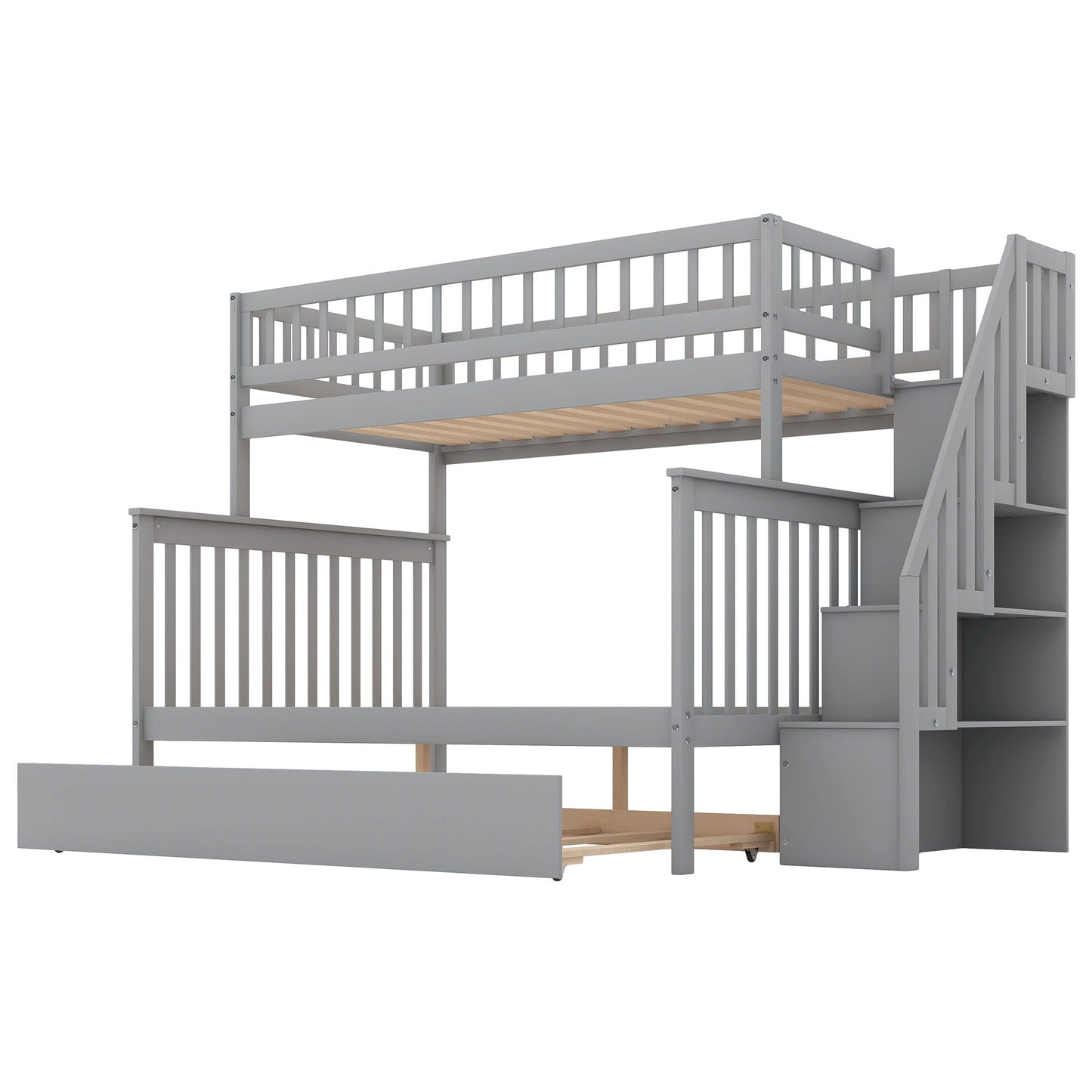 Two-level gray-painted wooden bunk bed with staircase on Tampa Home & Garden Store
