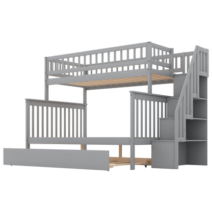 Two-level gray-painted wooden bunk bed with staircase on Tampa Home & Garden Store