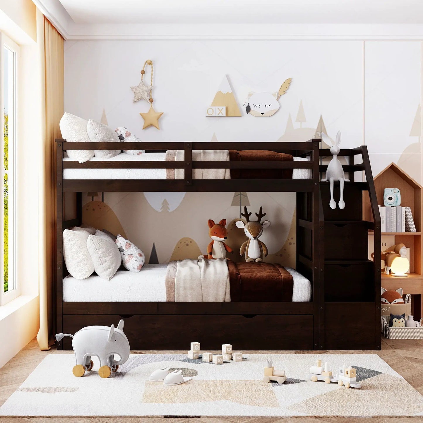 Espresso twin over twin bunk bed with storage stairs and trundle by Unique Piece Furniture on Tampa Home & Garden Store