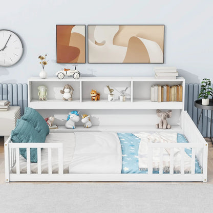 Floor Bed With Side Bookcase and Guard Rails