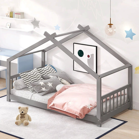 Playhouse Design Bed gray panel bed by Unique Piece Furniture with star-pattern bedding on Tampa Home & Garden Store