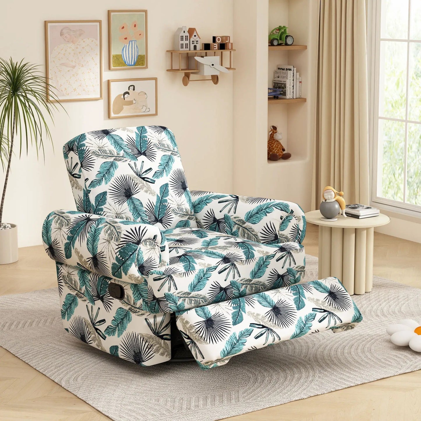 Manual swivel recliner rocker chair with adjustable backrest in teal palm-leaf fabric on Tampa Home & Garden Store