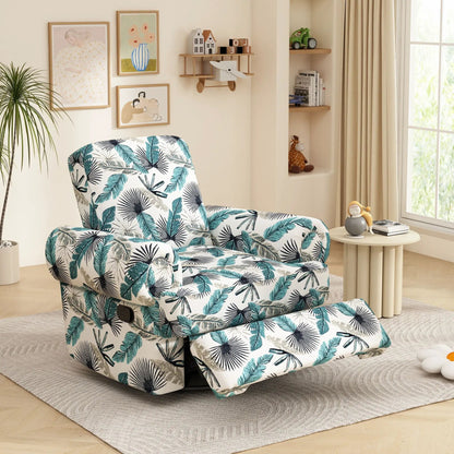 Manual swivel recliner rocker chair with adjustable backrest in teal palm-leaf fabric on Tampa Home & Garden Store