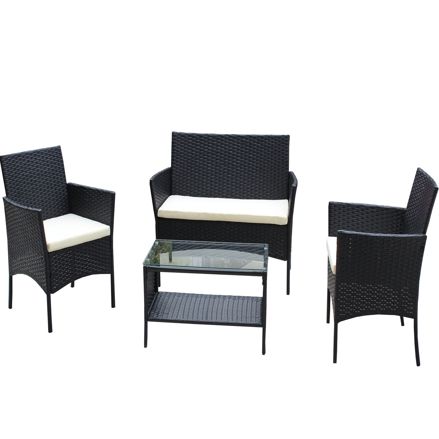 4 pc black rattan patio furniture set with cream cushions and glass coffee table on Tampa Home & Garden Store
