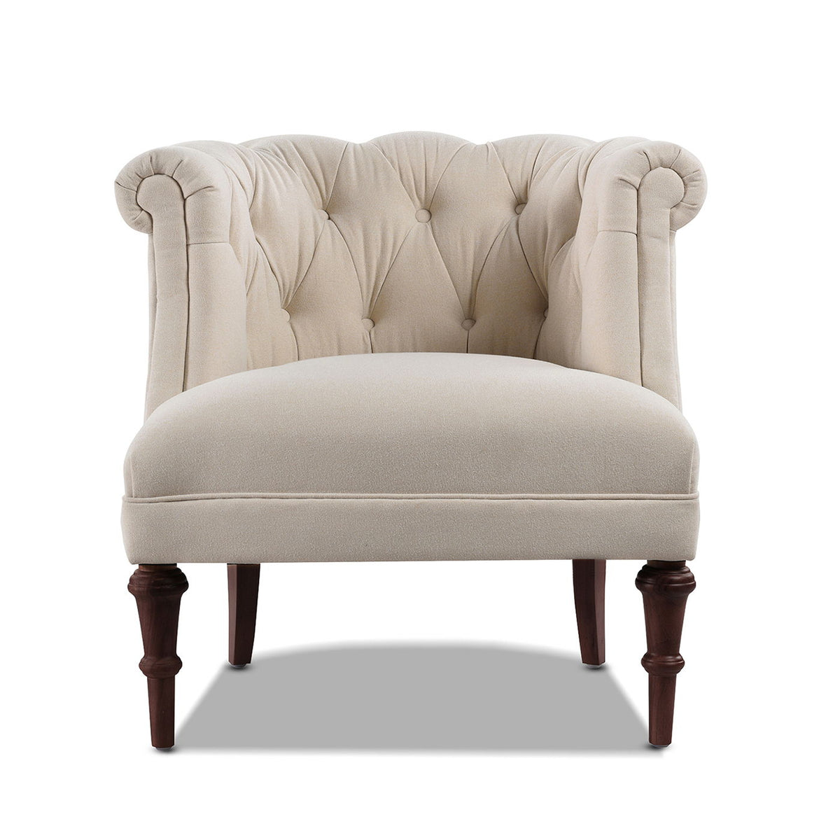 Tufted accent chair with barrel back in beige upholstery, wooden legs, HouseOfZazla on Tampa Home & Garden Store