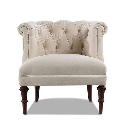 Tufted accent chair with barrel back in beige upholstery, wooden legs, HouseOfZazla on Tampa Home & Garden Store
