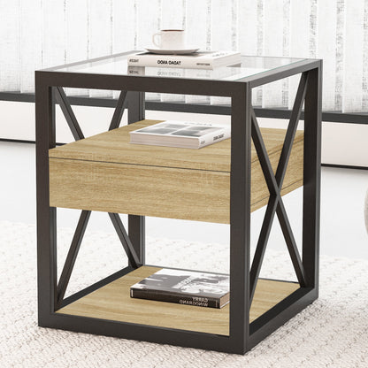 Set of 2 modern end tables with glass tops, dark metal frame, wood shelves HouseOfZazla on Tampa Home & Garden Store
