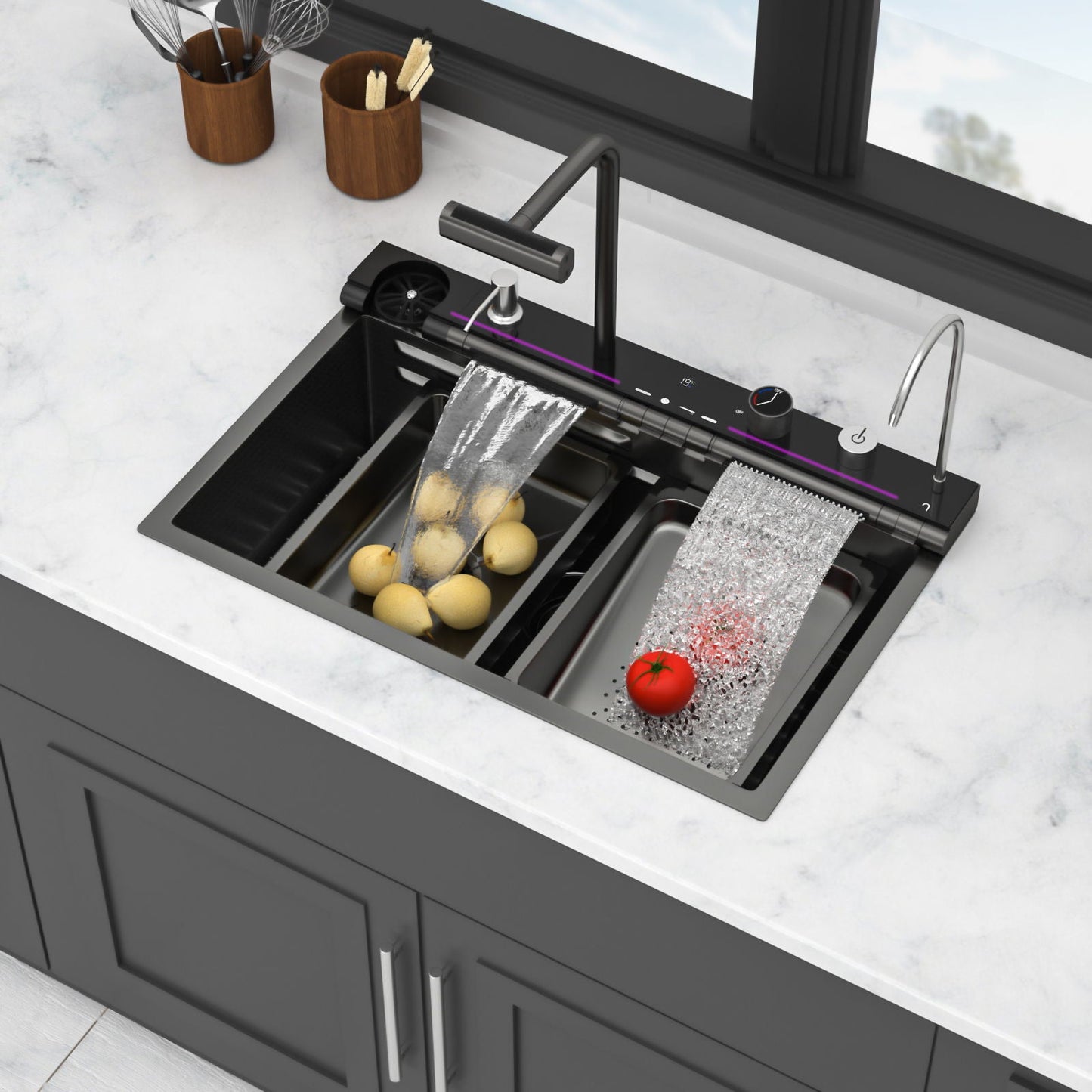 Single Bowl Kitchen Sink And The Smart Led Faucet