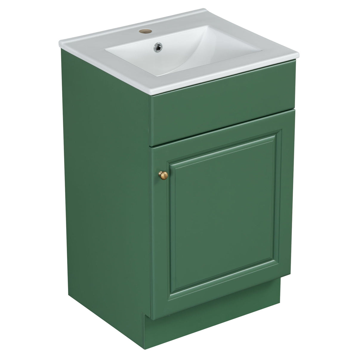 Green bathroom vanity with white sink top and brass knob, cabinet base with adjustable shelf on Tampa Home & Garden Store