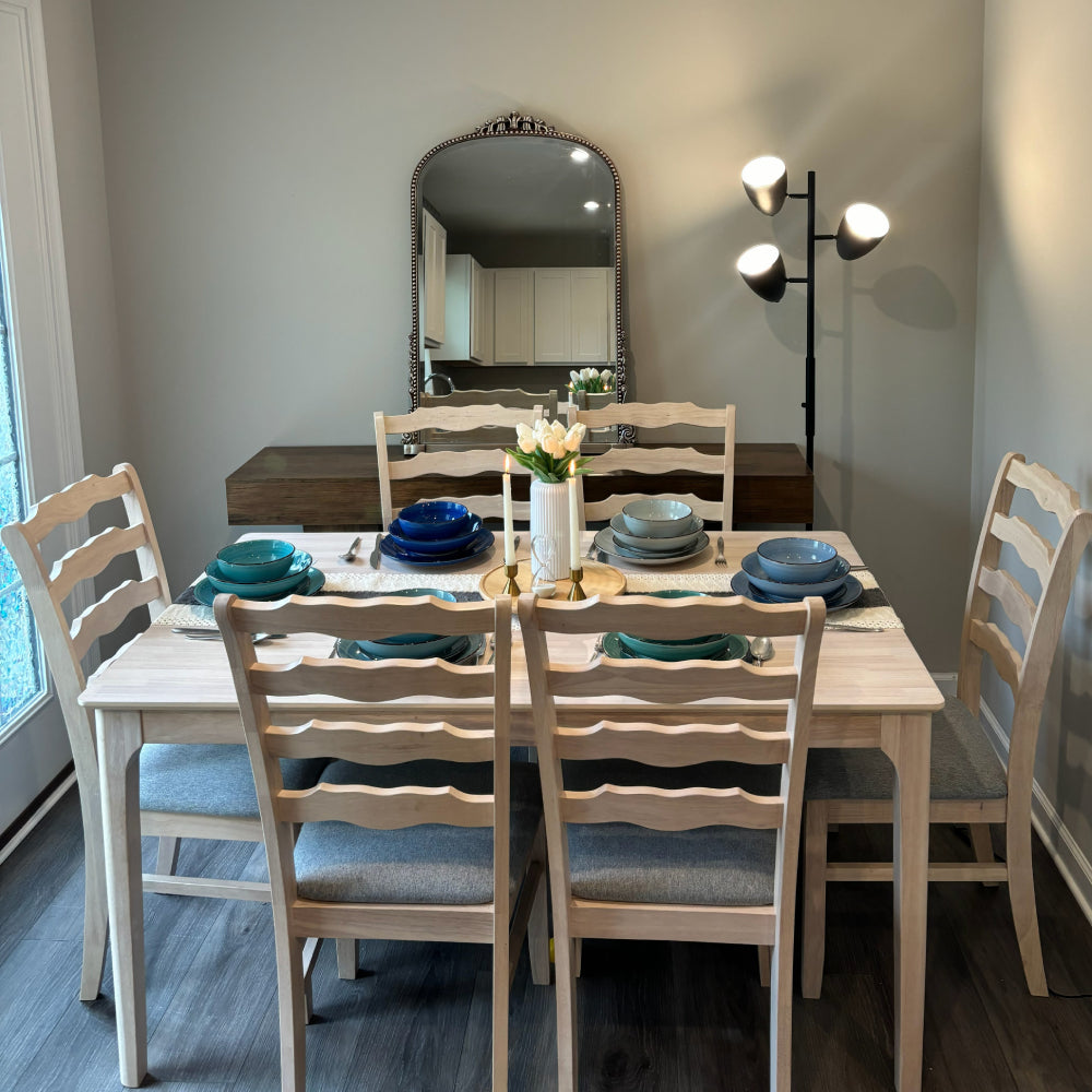 ACTU farmhouse dining table set with upholstered chairs for 4–6 in light wood finish on Tampa Home & Garden Store