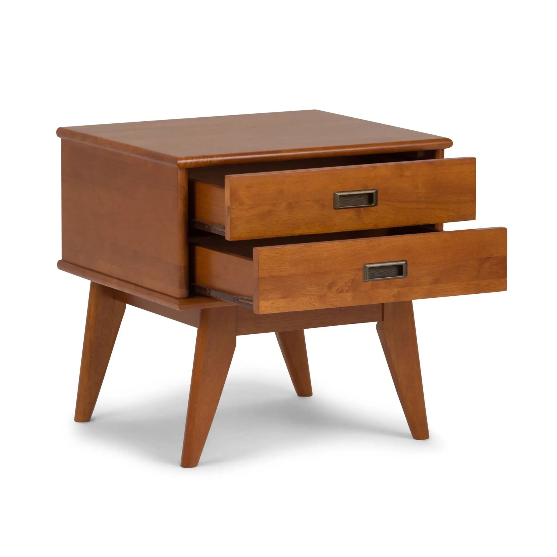 Draper Handcrafted Mid Century End Table, two-drawer warm brown wood with metal pulls on Tampa Home & Garden Store