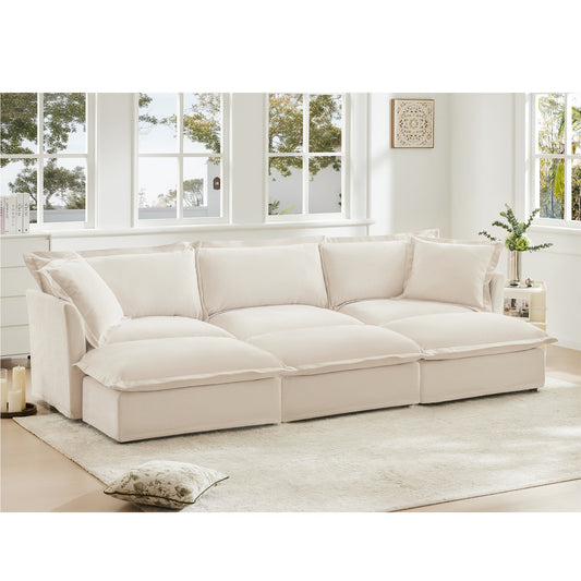 Oversized chenille living room sofa with 3 matching ottomans in cream by HouseOfZazla on Tampa Home & Garden Store