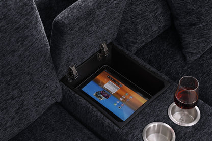 Celine fabric corner sectional with right chaise and tablet storage, dark charcoal upholstery on Tampa Home & Garden Store