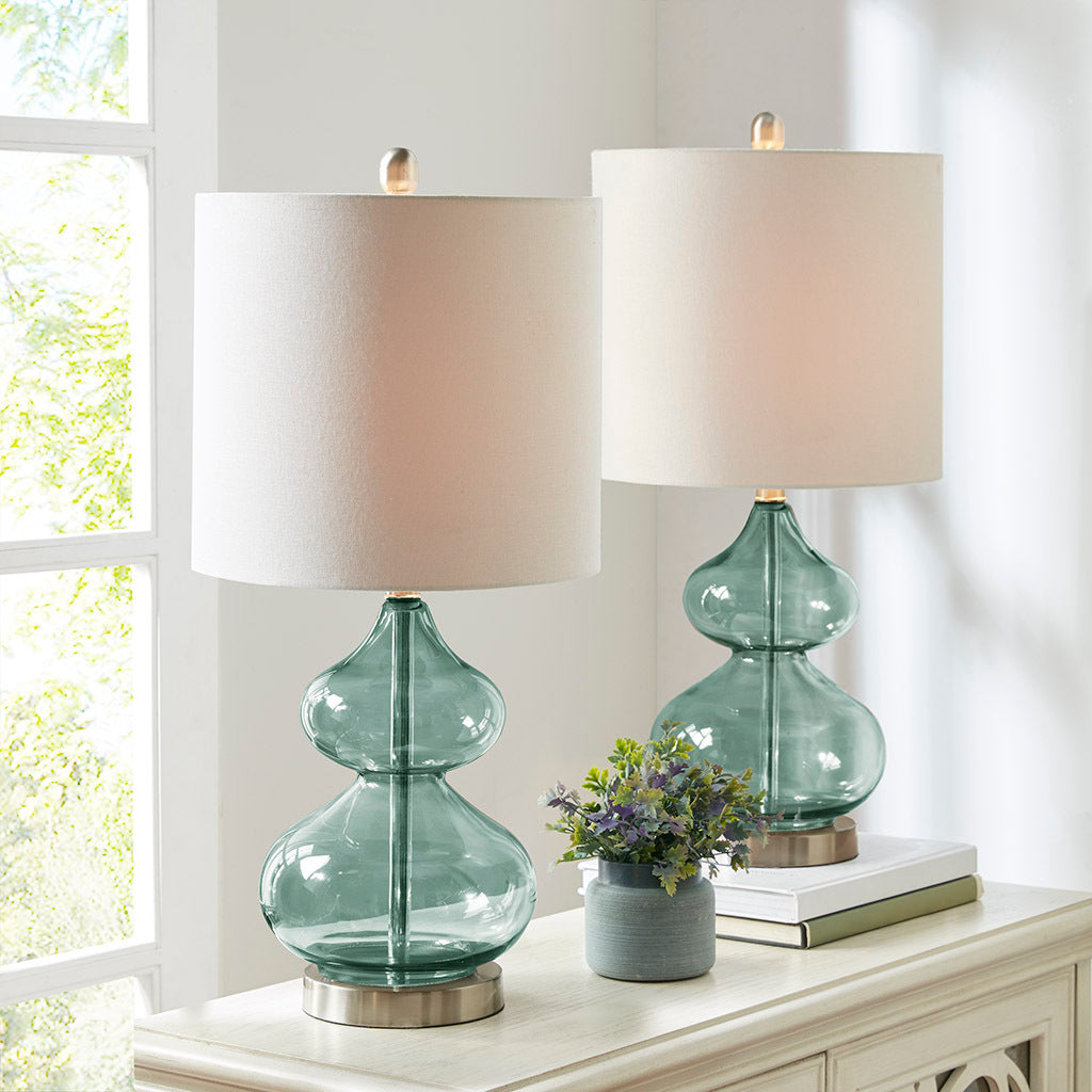 Ellipse Curved Glass Table Lamp set of 2 with teal glass bases, white shades on Tampa Home & Garden Store