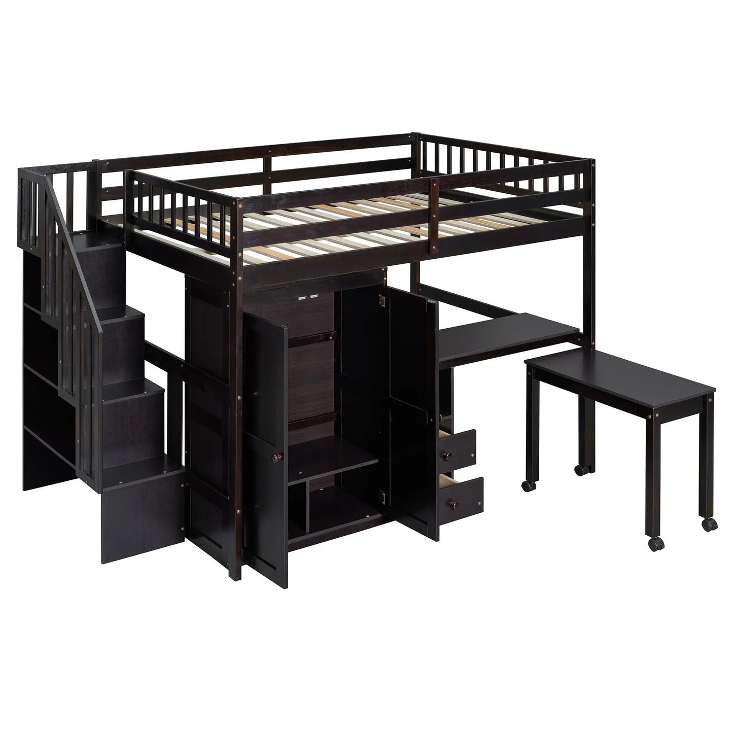 Loft bed with stairs, desk and built-in storage in dark wood finish by Unique Piece Furniture on Tampa Home & Garden Store